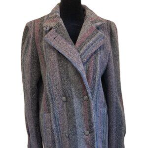 Junior Size 7 Wool Coat Grey Striped Fully Lined Double Breasted Knee Length 90s